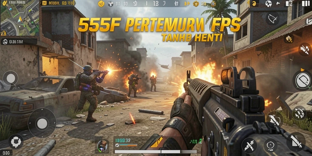 Screenshot gameplay 555F menampilkan aksi tembak-menembak yang intens.