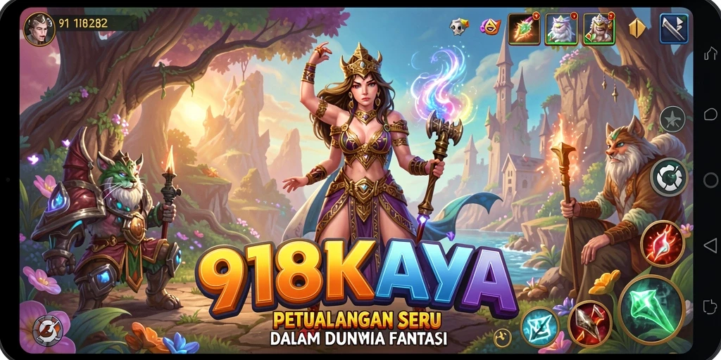 Screenshot utama 918KAYA menunjukkan karakter beraksi di dunia petualangan yang fantastis.