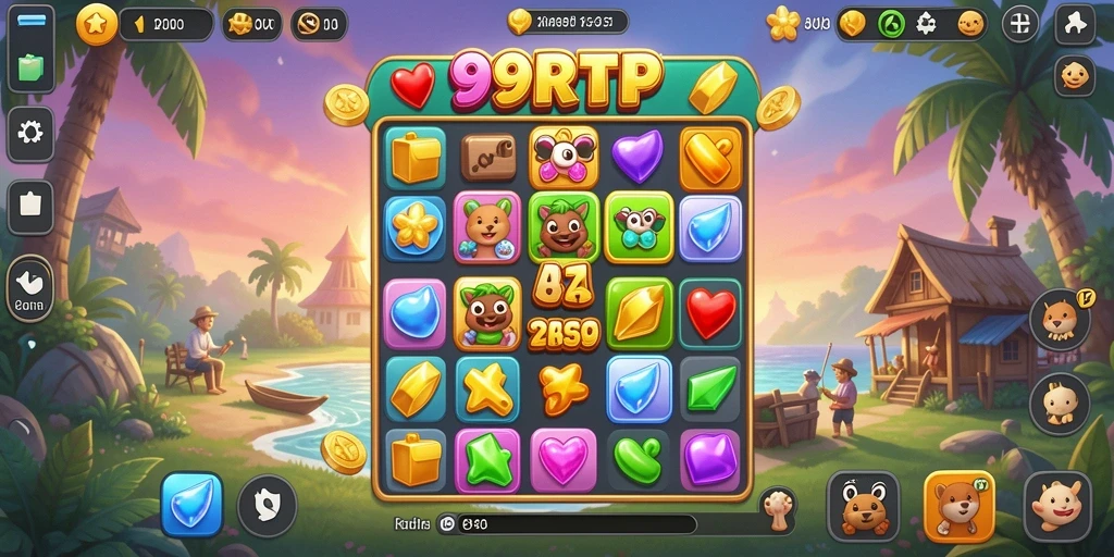 Menampilkan gameplay match-3 yang menarik dan penuh warna.