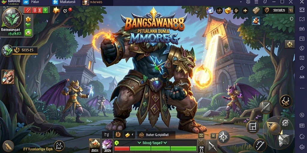 Tampilan gameplay BANGSAWAN88 menunjukkan karakter yang beraksi di medan perang.