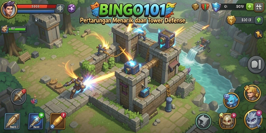Screenshot gameplay BINGO101 yang menunjukkan pertahanan Tower yang epik.