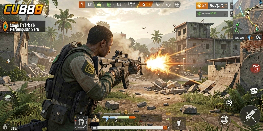 Screenshot gameplay CU888 yang menunjukkan aksi pertempuran seru.