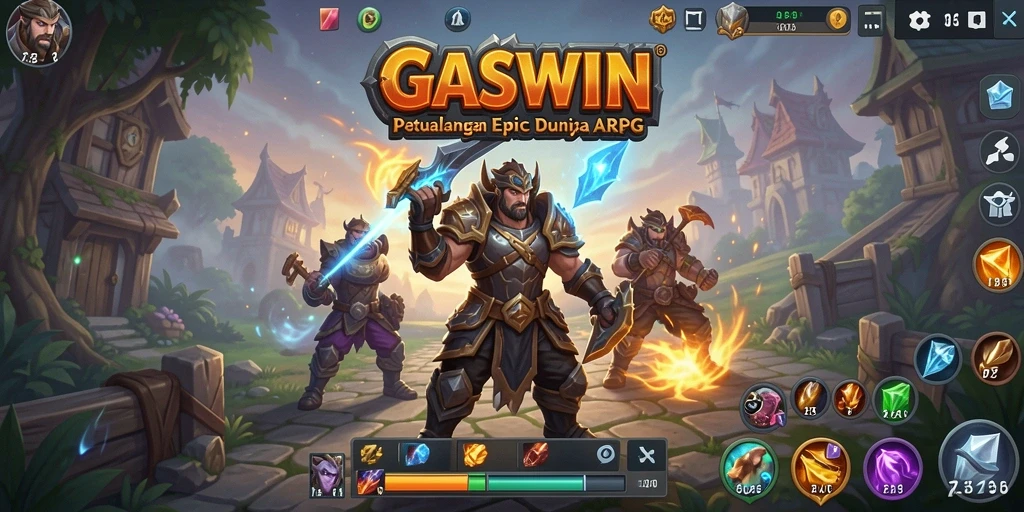 Screenshot gameplay GASWIN menampilkan pertarungan epik dan karakter yang menawan.
