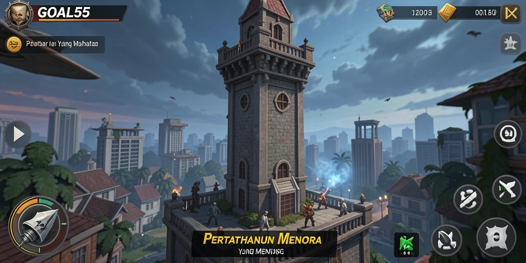 Screenshot utama GOAL55 menampilkan aksi seru gameplay Tower Defense.
