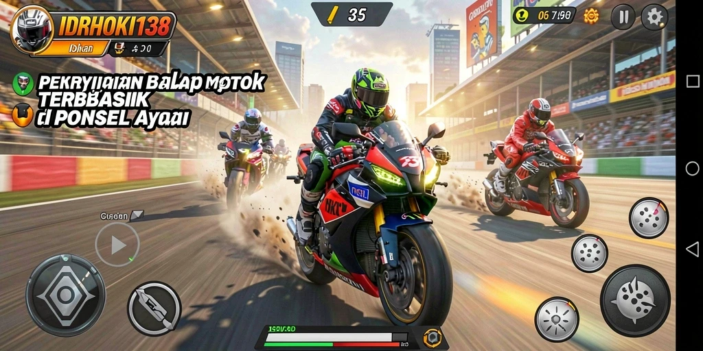 Tampilan gameplay seru dalam IDRHOKI138 saat balapan motor.