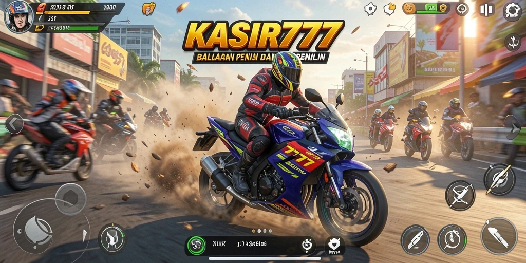 Tampilan gameplay seru KASIR777 dengan balapan motor yang mendebarkan.