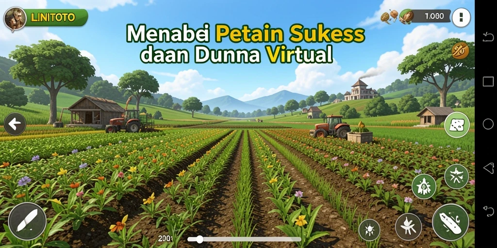 Tangkapan layar dari gameplay LINITOTO yang menampilkan aktivitas bertani.