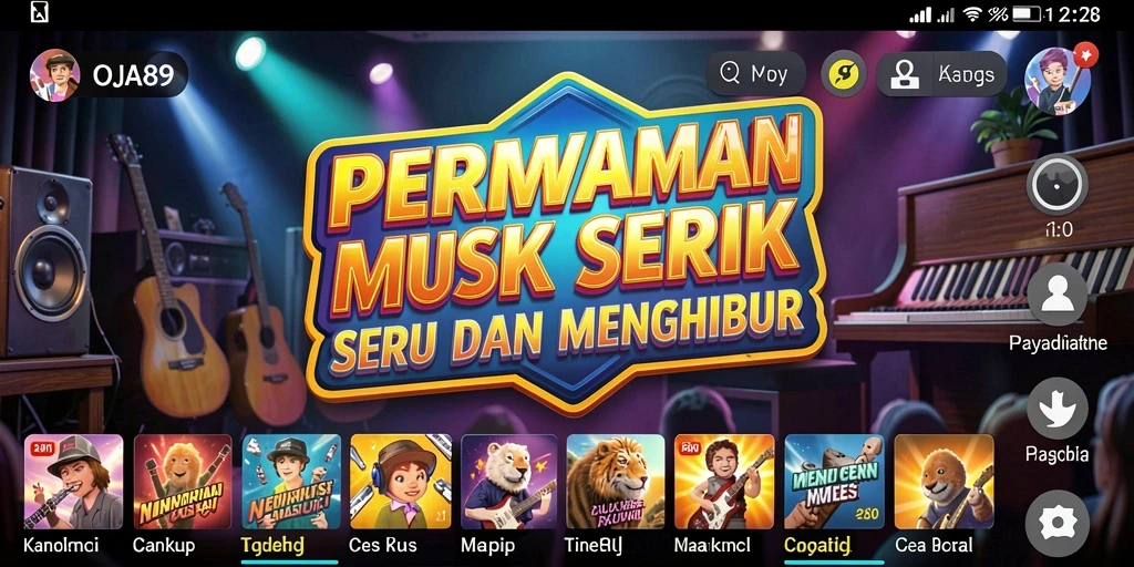 Screenshot utama OJA89 dengan gameplay penuh musik dan warna.