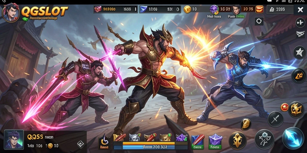Screenshot gameplay menampilkan pertarungan sengit di arena.