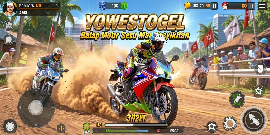 Screenshot gameplay YOWESTOGEL menampilkan balapan motor menegangkan.